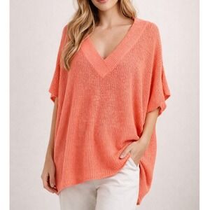 Zenana Oversized Coral Knit V-Neck Sweater Relaxed Luxe Silhouette Soft & Airy